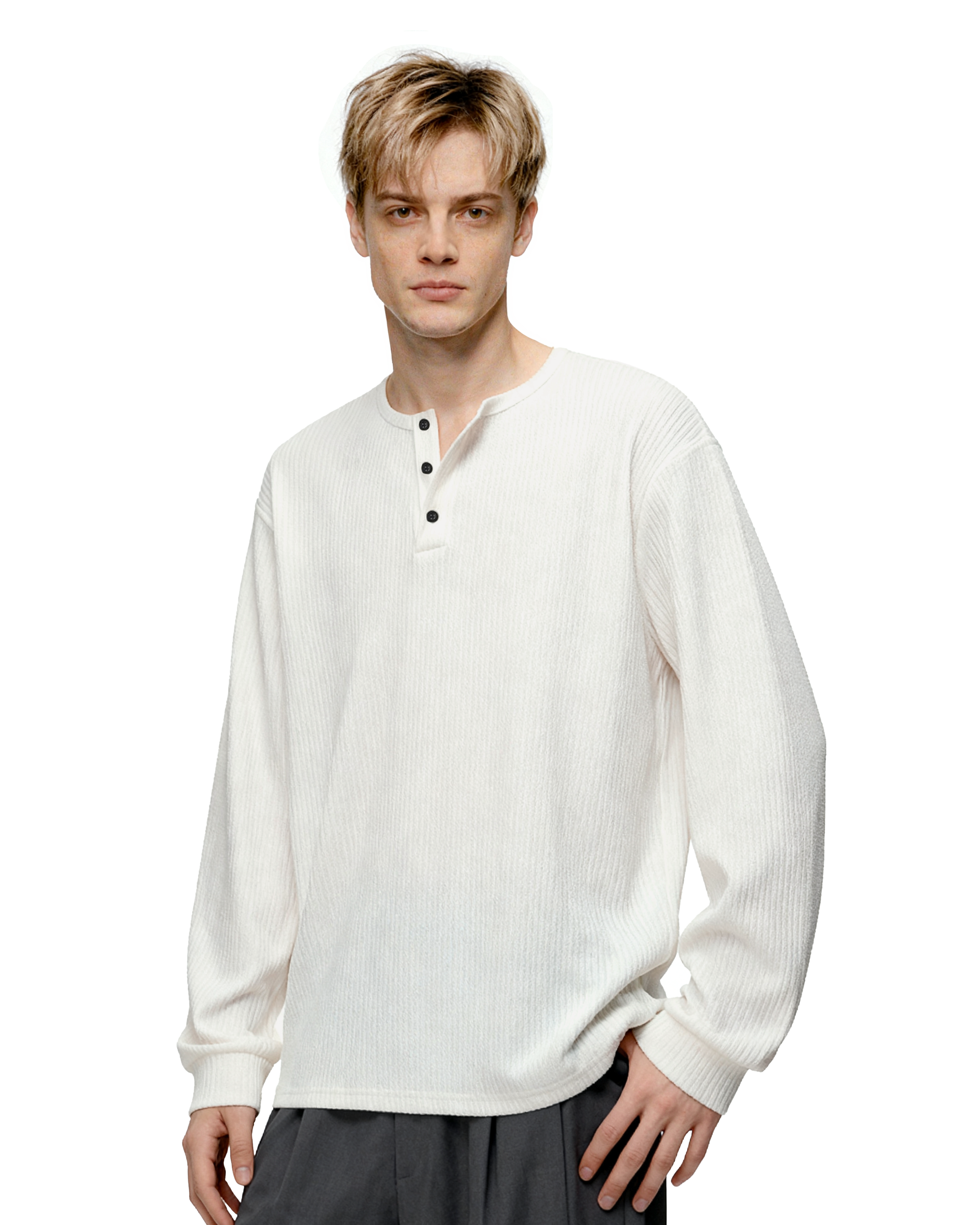 Waffle Pattern Half Button Long Sleeve Shirt
