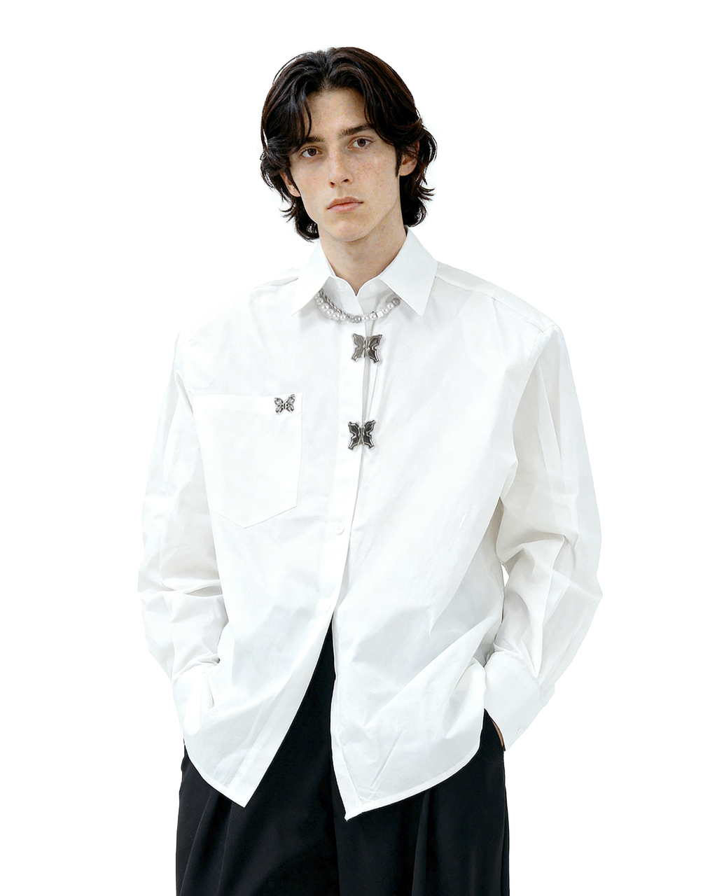 Oversized Shirt with Metallic Brooch Accents
