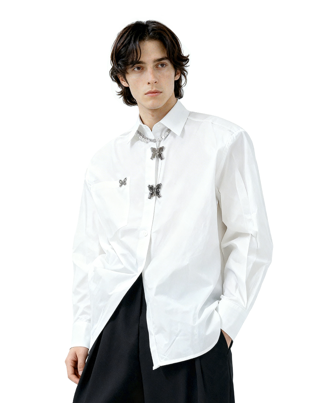 Oversized Shirt with Metallic Brooch Accents