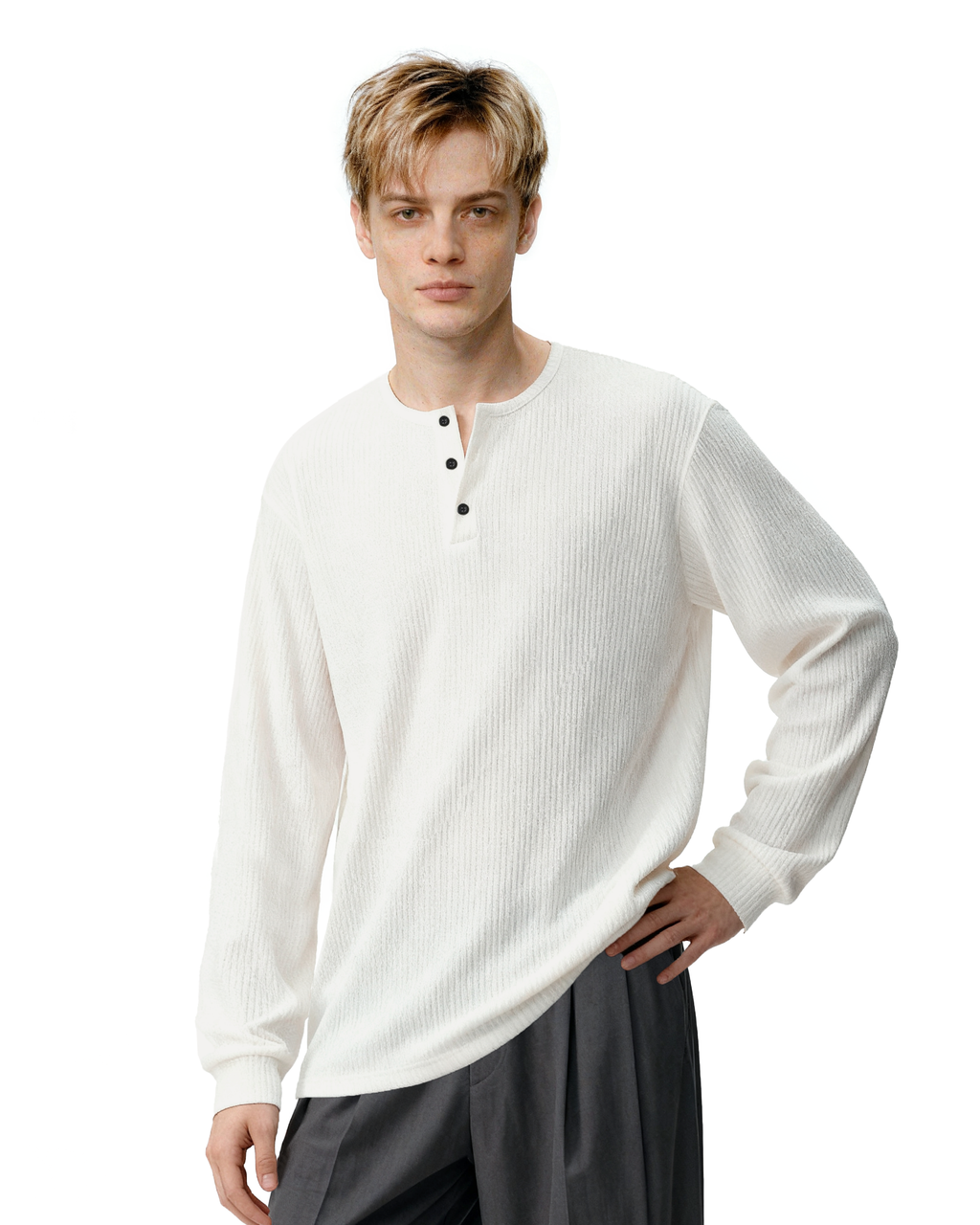 Waffle Pattern Half Button Long Sleeve Shirt