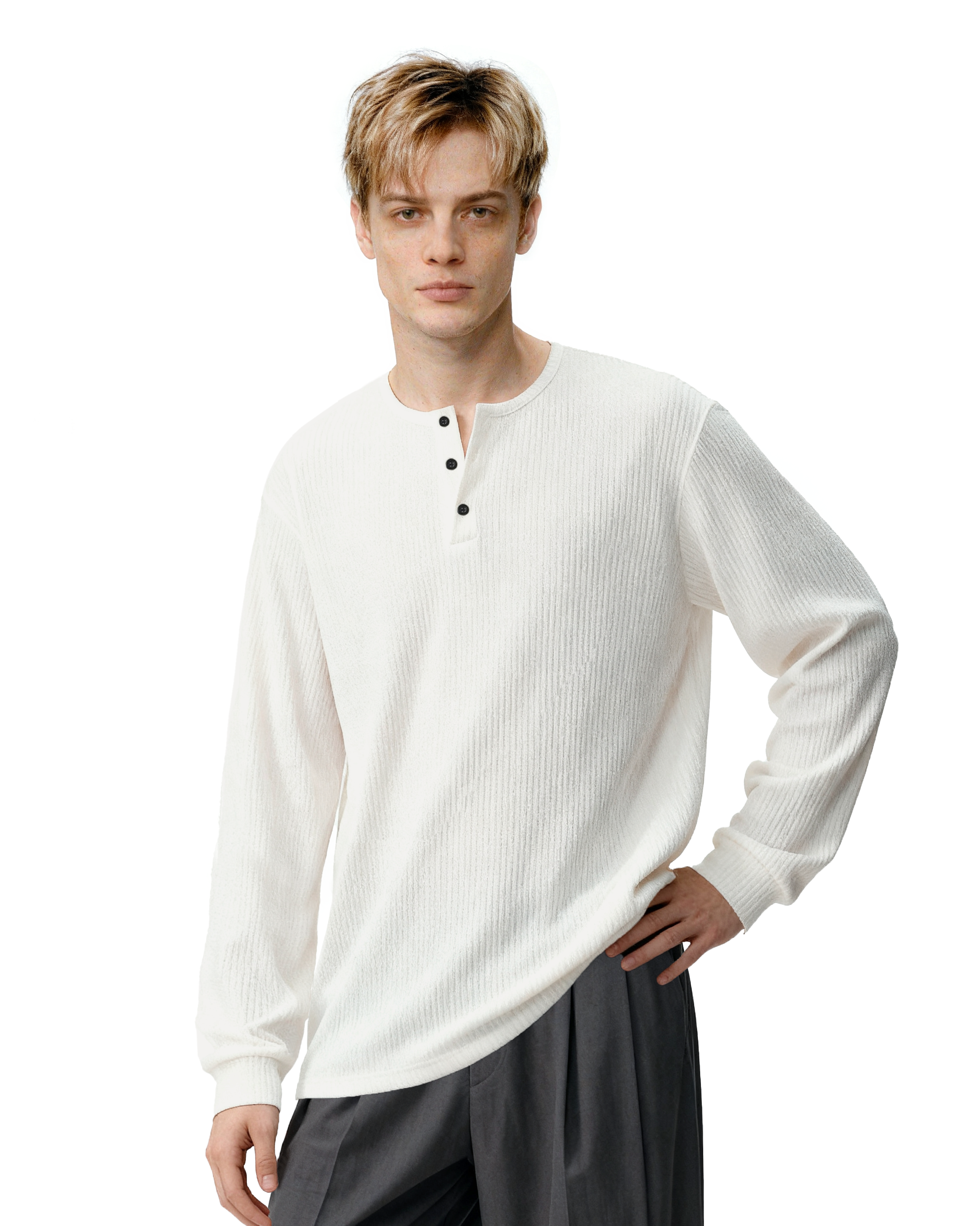 Waffle Pattern Half Button Long Sleeve Shirt