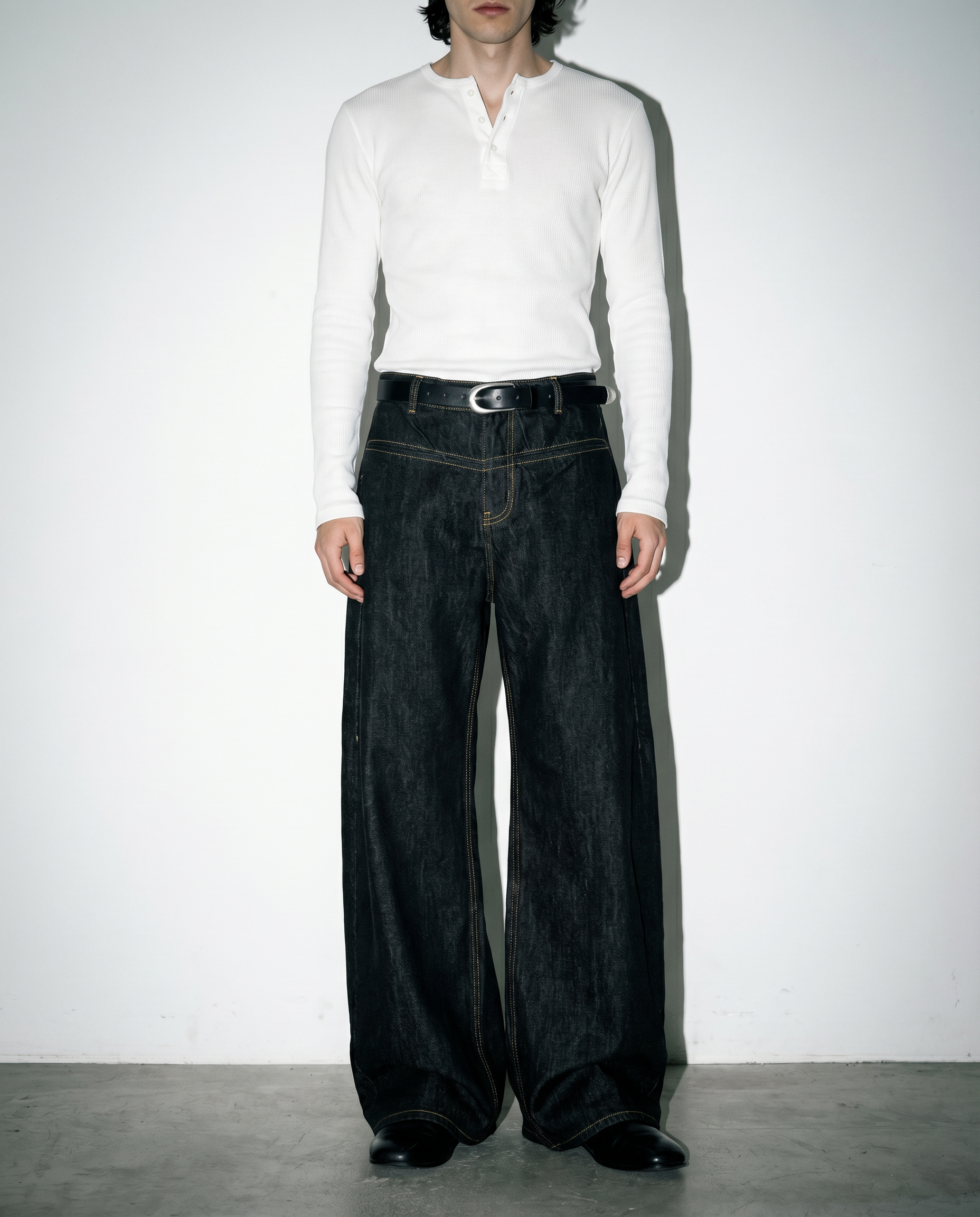 Wide Leg Contrast Stitch Split-Seam Raw Jeans