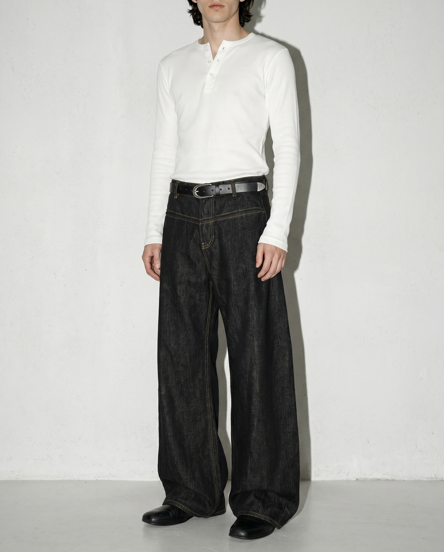 Wide Leg Contrast Stitch Split-Seam Raw Jeans