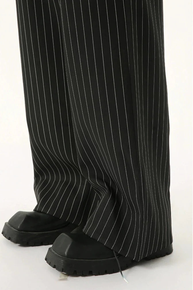 Mock Two-Piece Pinstripe Wide Leg Trousers with Elastic Waist