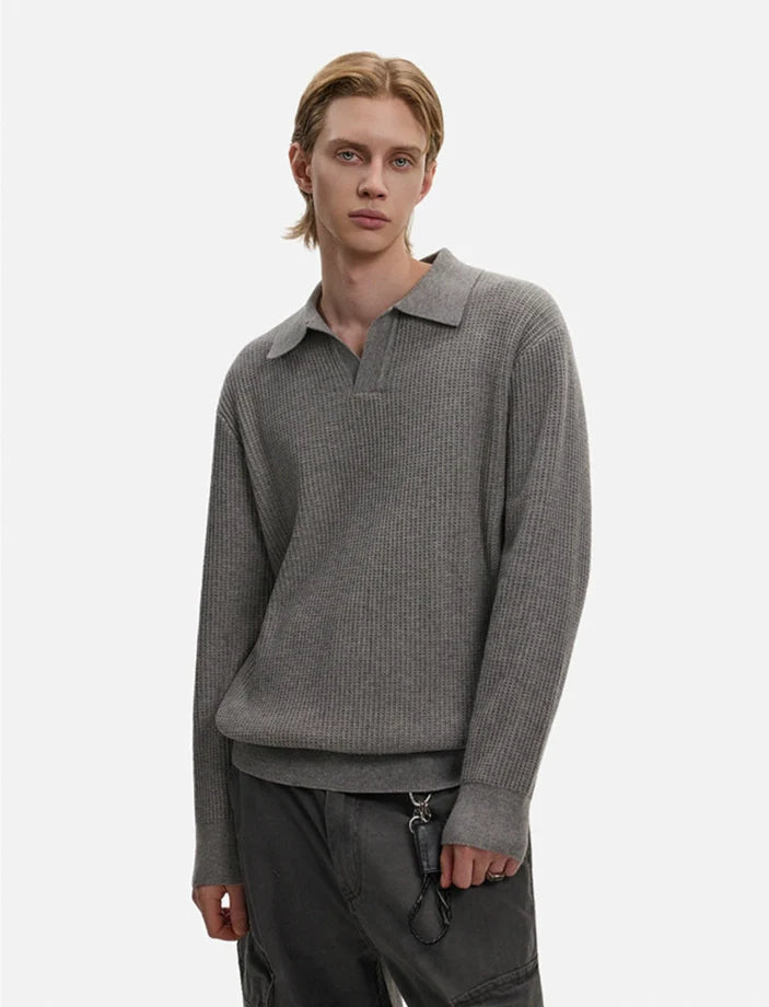 Waffle Textured Long Sleeve Polo Shirt