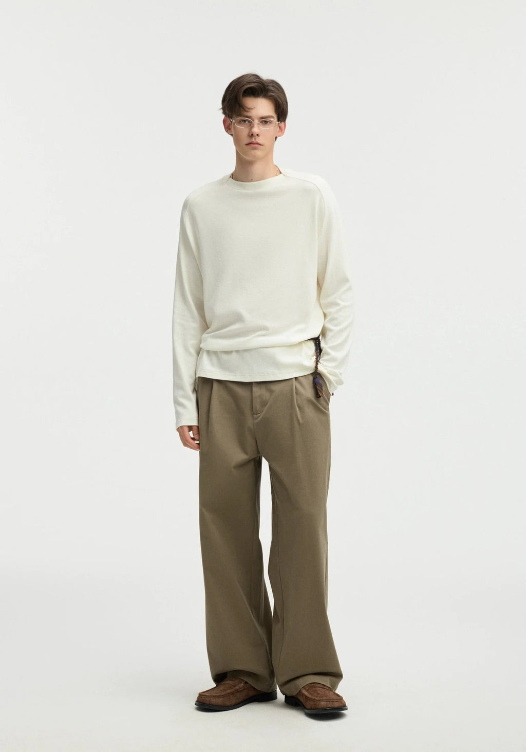 Straight Leg Pleated Trousers with Button Waist and Belt Loops