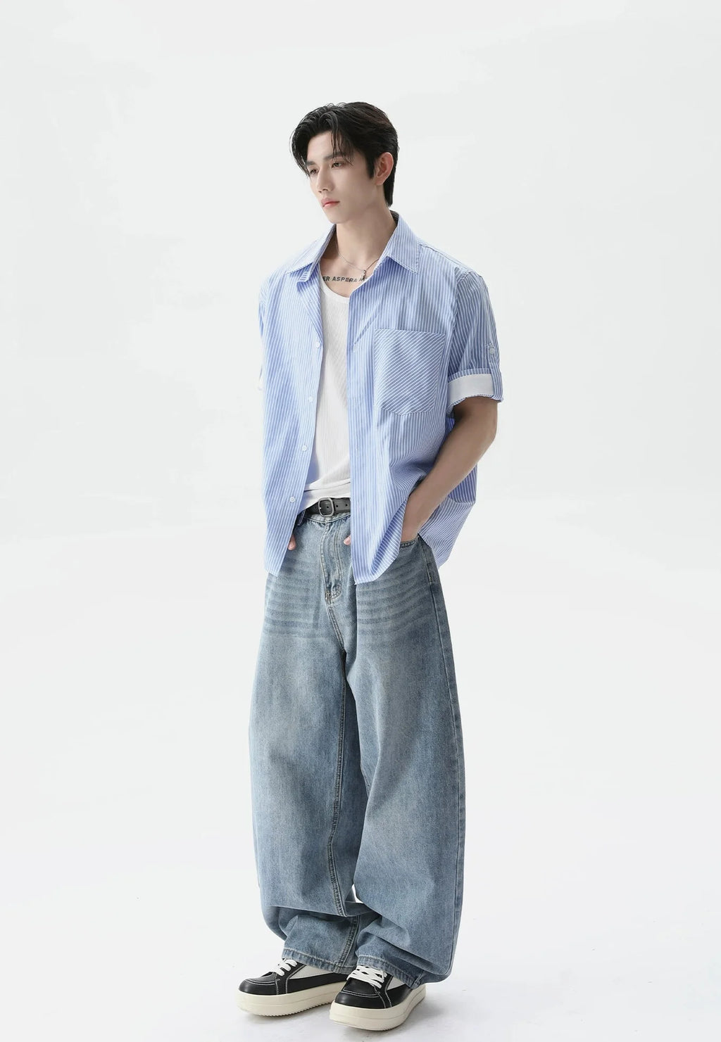 Pinstripe Contrast Short Sleeve Trim Button Shirt