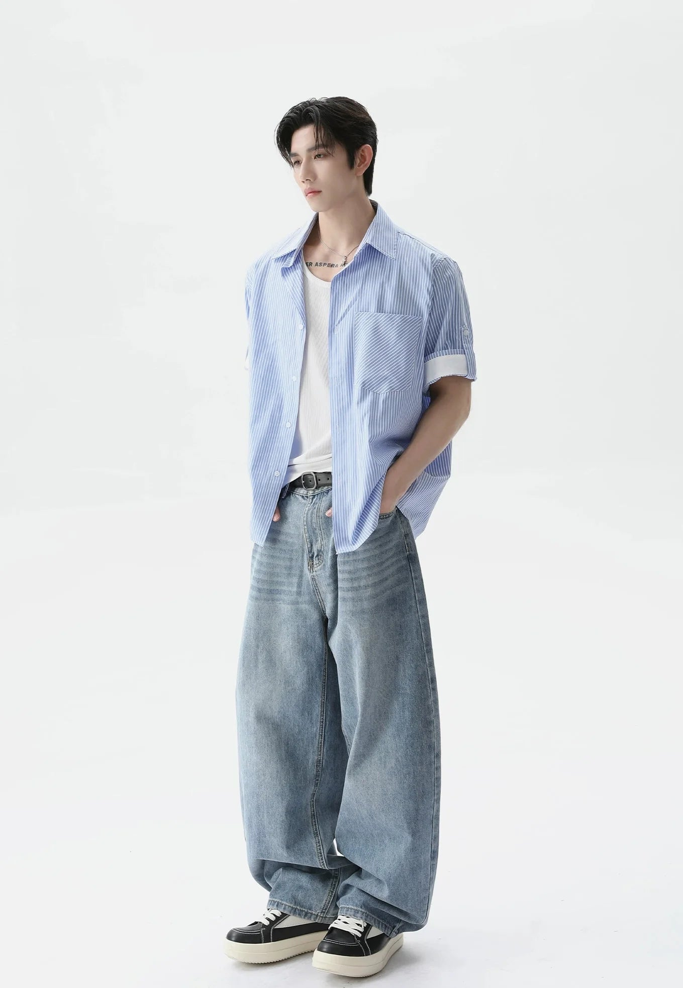 Pinstripe Contrast Short Sleeve Trim Button Shirt