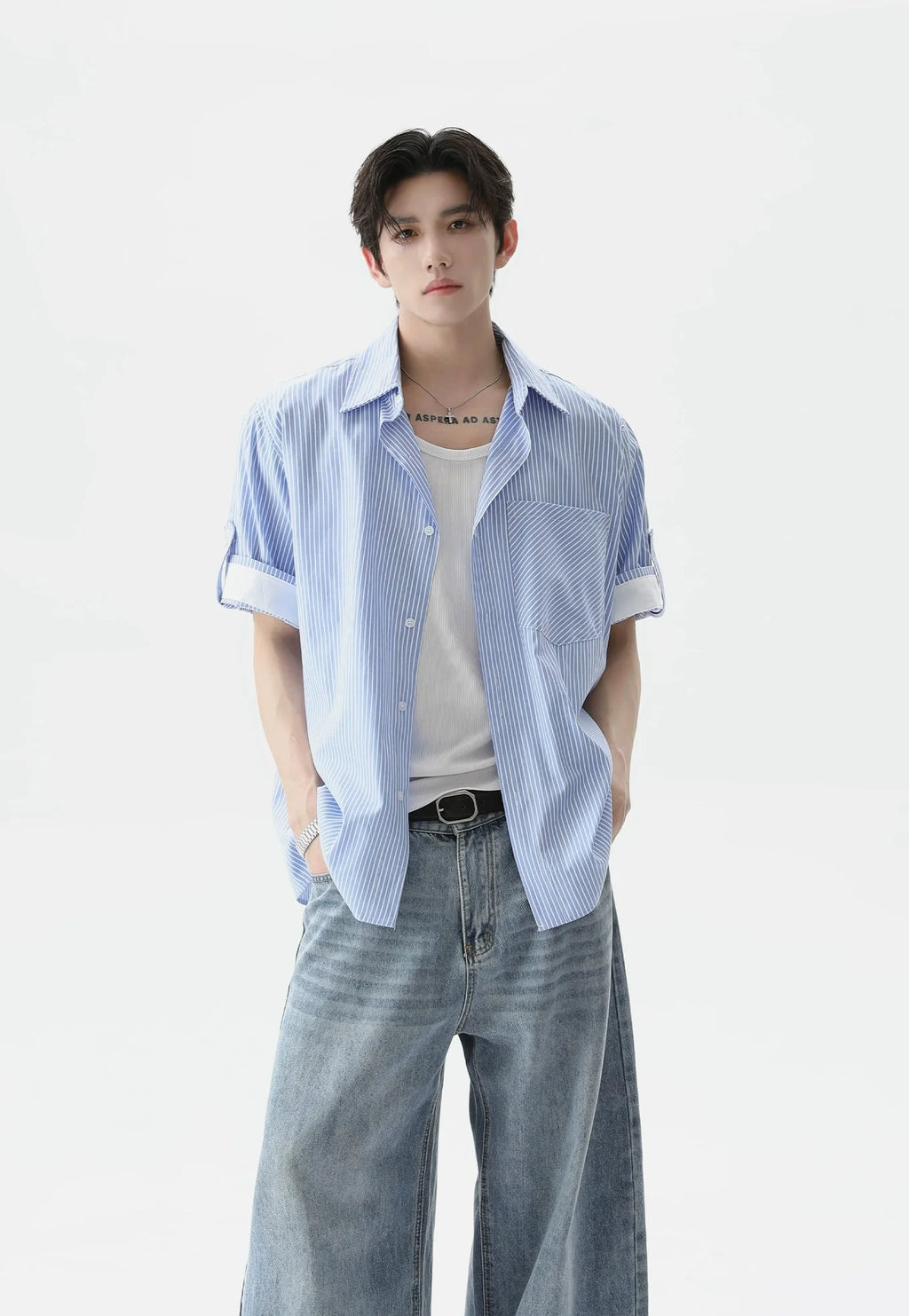 Pinstripe Contrast Short Sleeve Trim Button Shirt