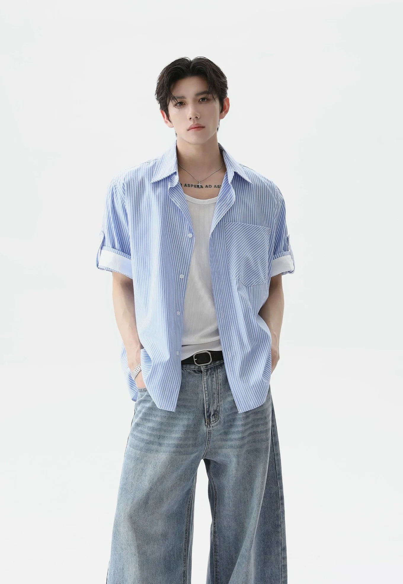 Pinstripe Contrast Short Sleeve Trim Button Shirt