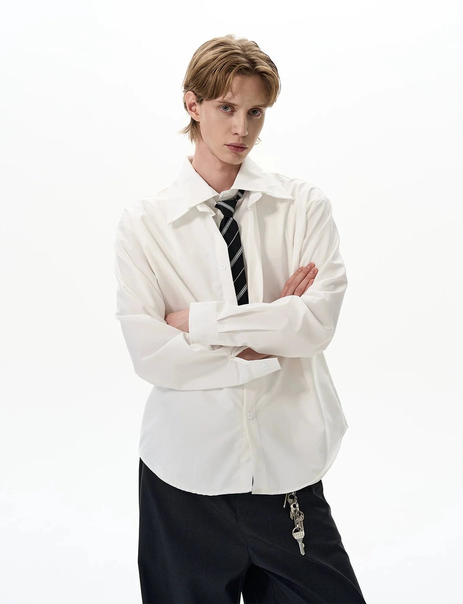 Spread Collar Faux Two-Piece Button-Up Shirt with Tie