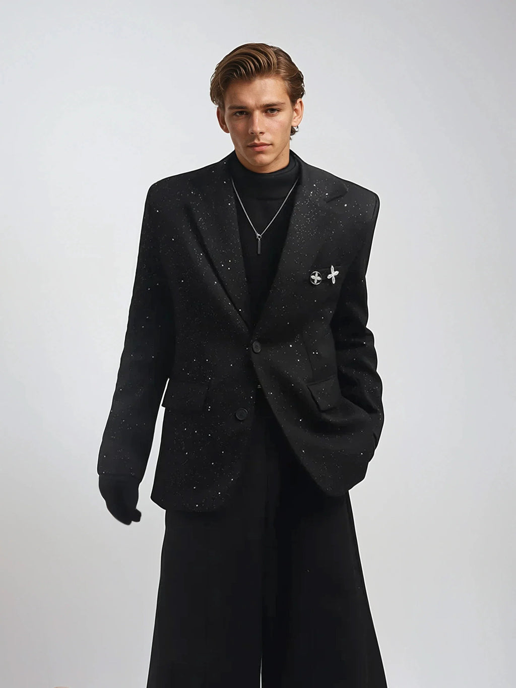 Oversized Starry Speckled Blazer with Pocket Pins