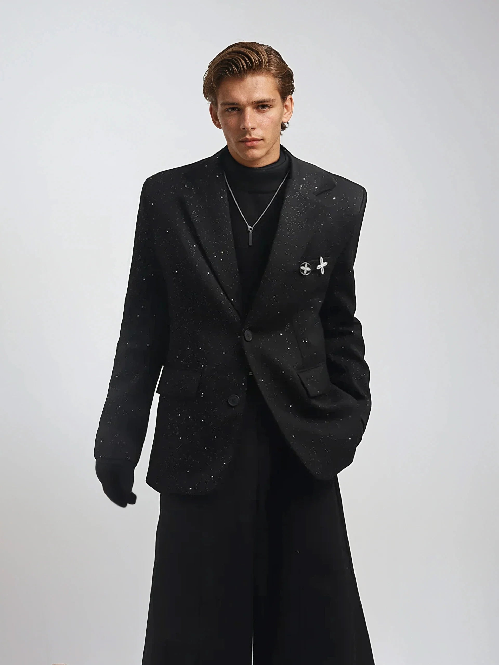 Oversized Starry Speckled Blazer with Pocket Pins