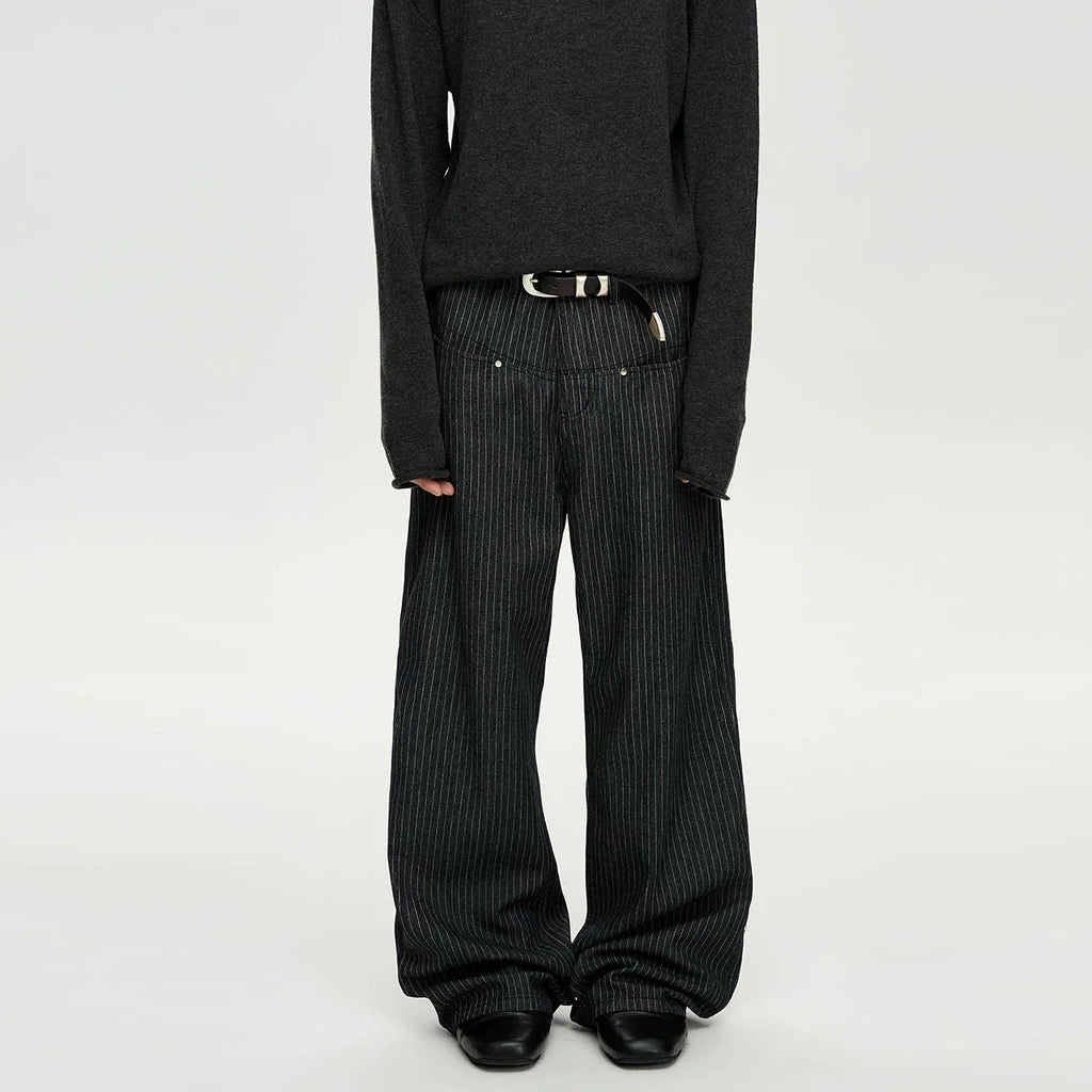Rivet-Detail Pinstripe Wide Leg Pleated Trousers