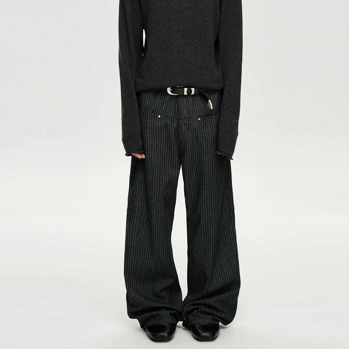 Rivet-Detail Pinstripe Wide Leg Pleated Trousers