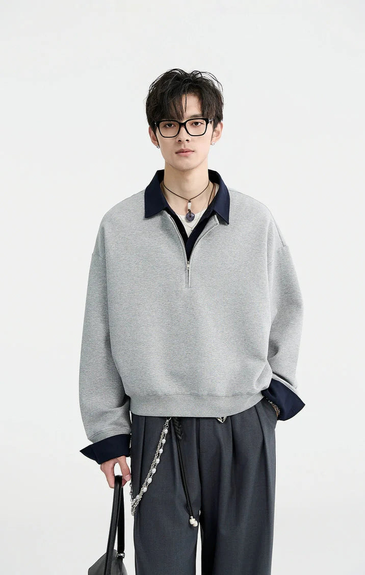 Half Zip Mock Two-Piece Layered Pullover Sweatshirt