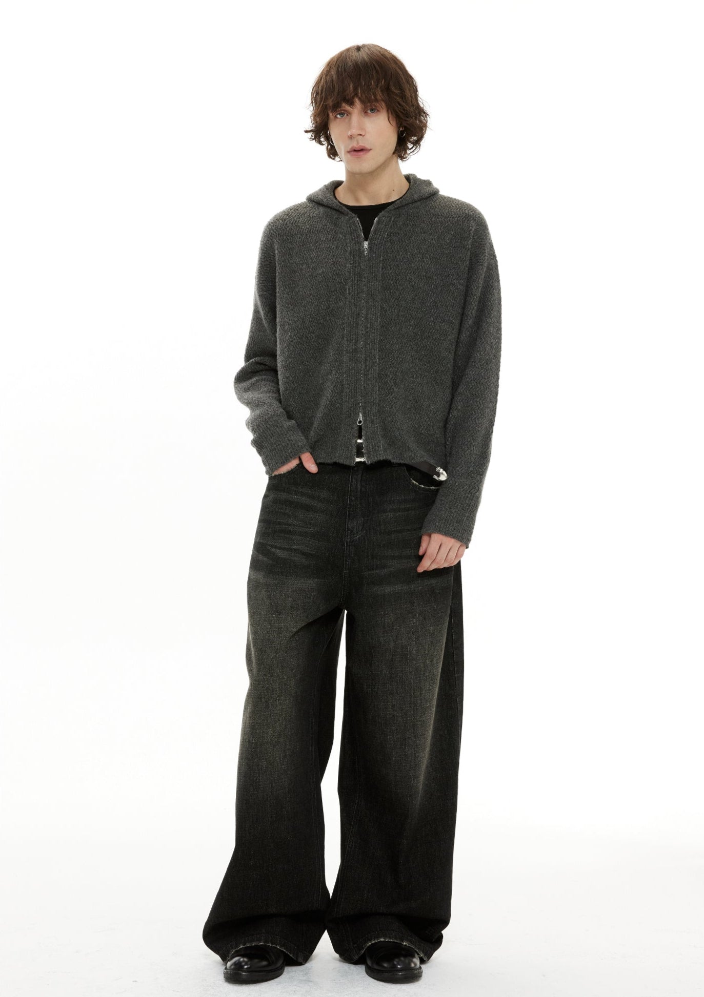 Zigzag Pattern Two Way Zip Knit Hoodie Jacket