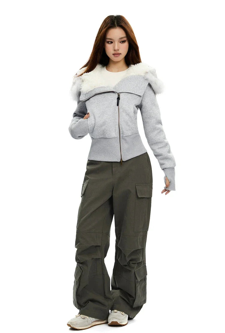 Fleece-Lined Hooded Jacket with Faux Fur Trim