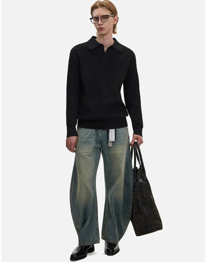 Waffle Textured Long Sleeve Polo Shirt