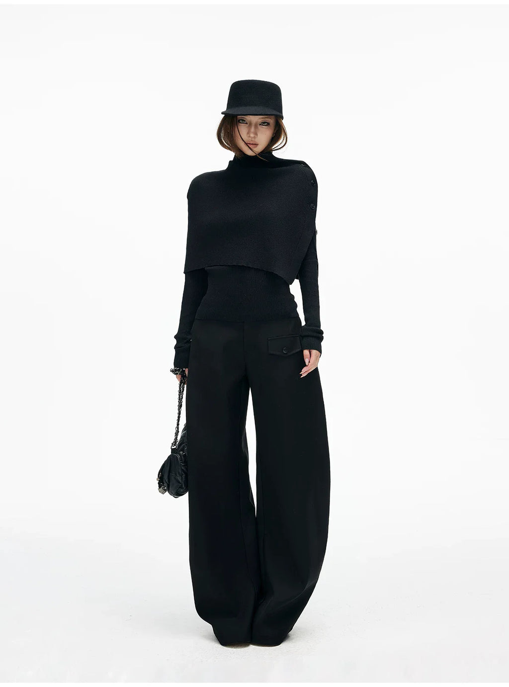 Slim Knit Long Sleeve Top with Removable Button Cape