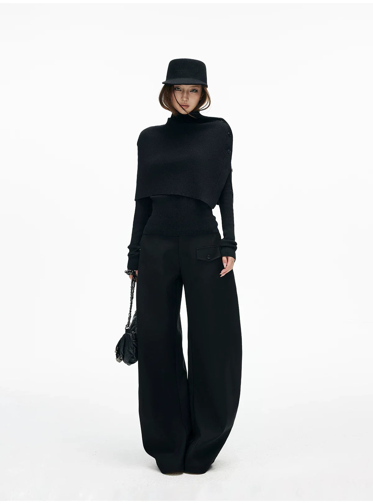 Slim Knit Long Sleeve Top with Removable Button Cape