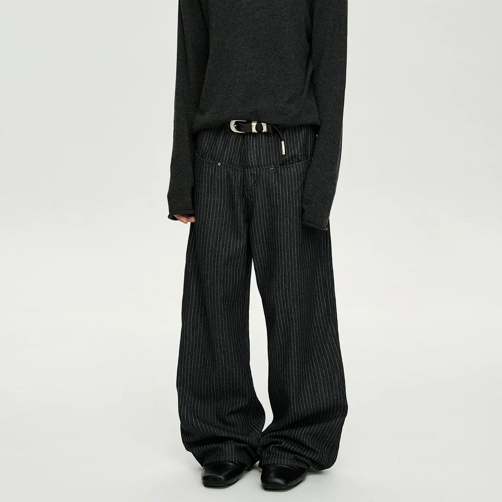 Rivet-Detail Pinstripe Wide Leg Pleated Trousers