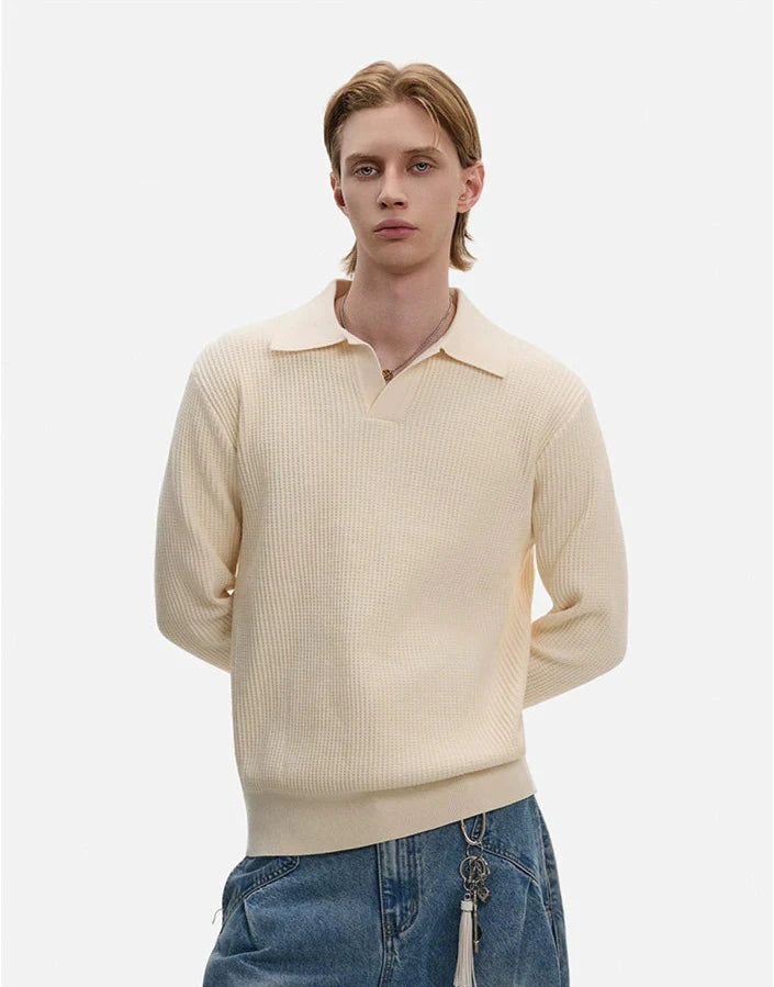 Waffle Textured Long Sleeve Polo Shirt