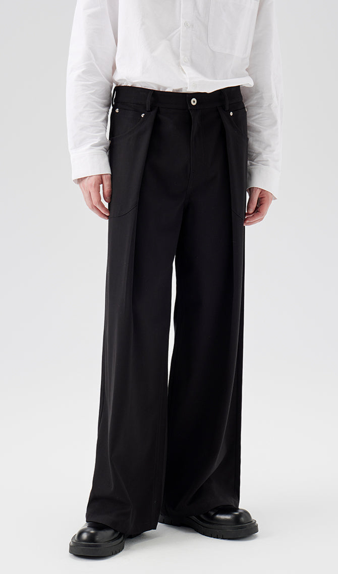 Wide Leg Pleated Trousers with Button Details