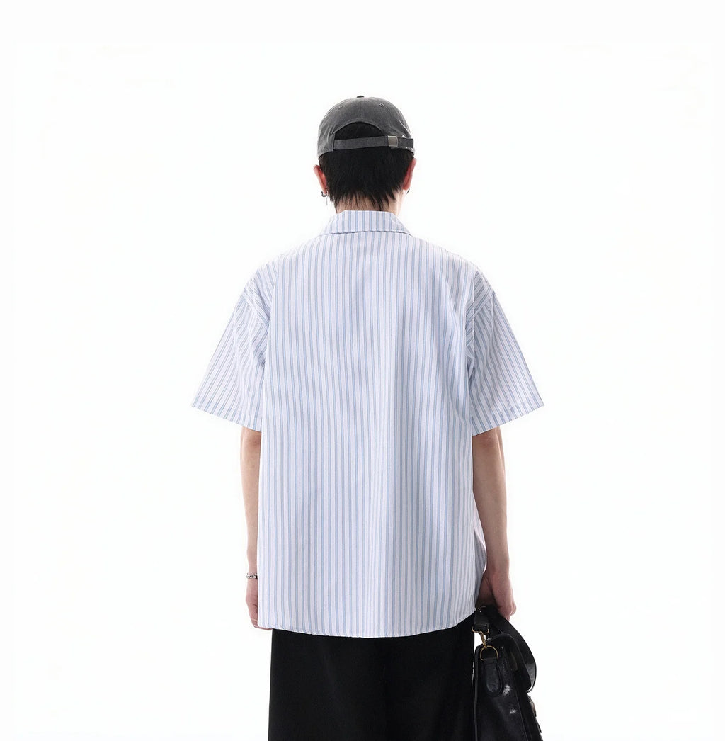 Oversized Stripe Short Sleeve Button Shirt with Chest Pockets