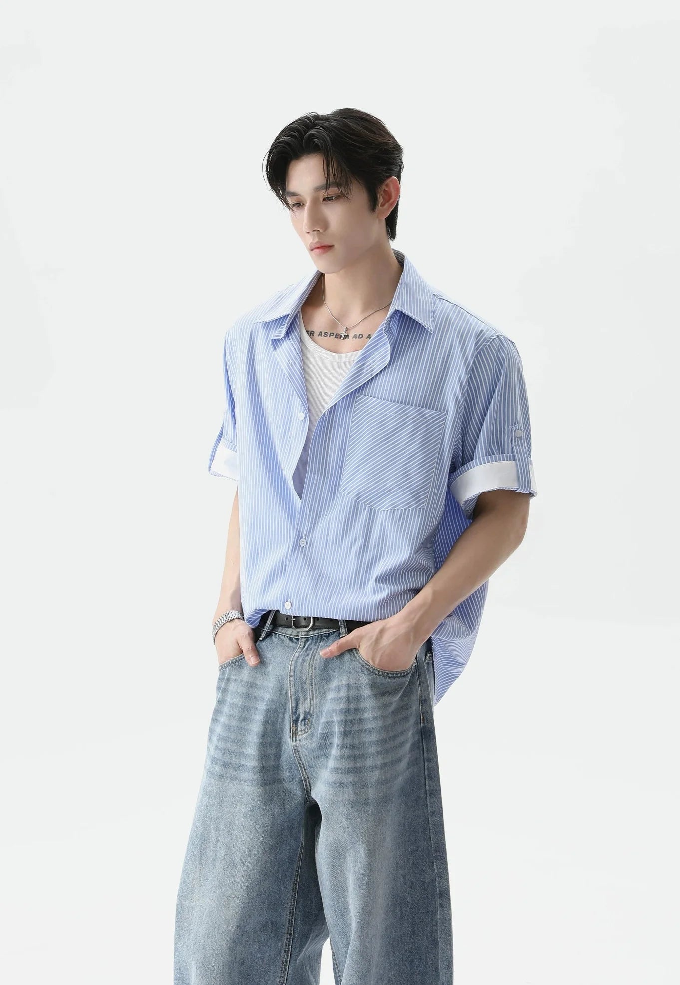 Pinstripe Contrast Short Sleeve Trim Button Shirt