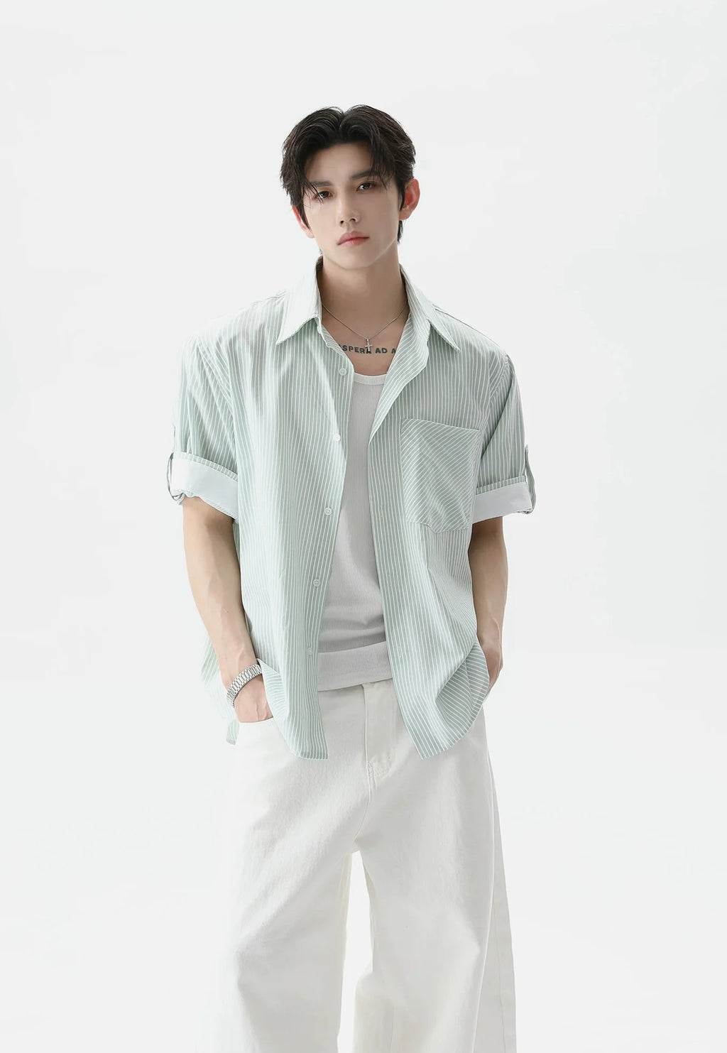 Pinstripe Contrast Short Sleeve Trim Button Shirt