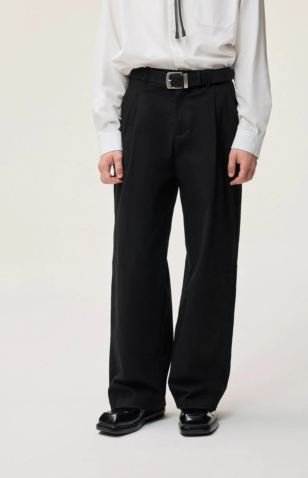 Straight Leg Pleated Trousers with Button Waist and Belt Loops