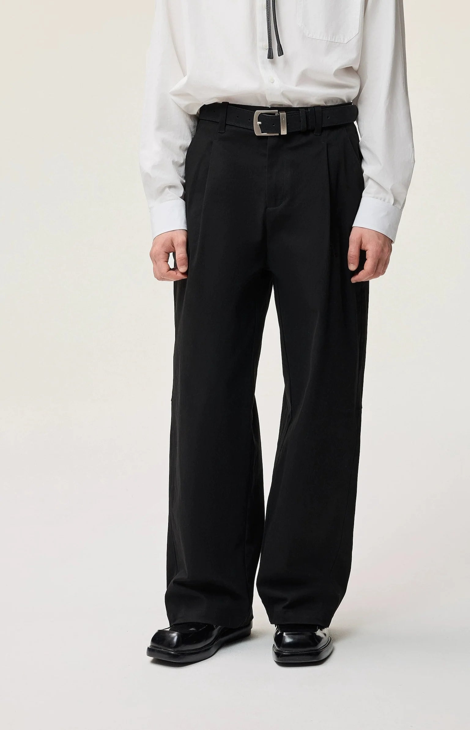 Straight Leg Pleated Trousers with Button Waist and Belt Loops
