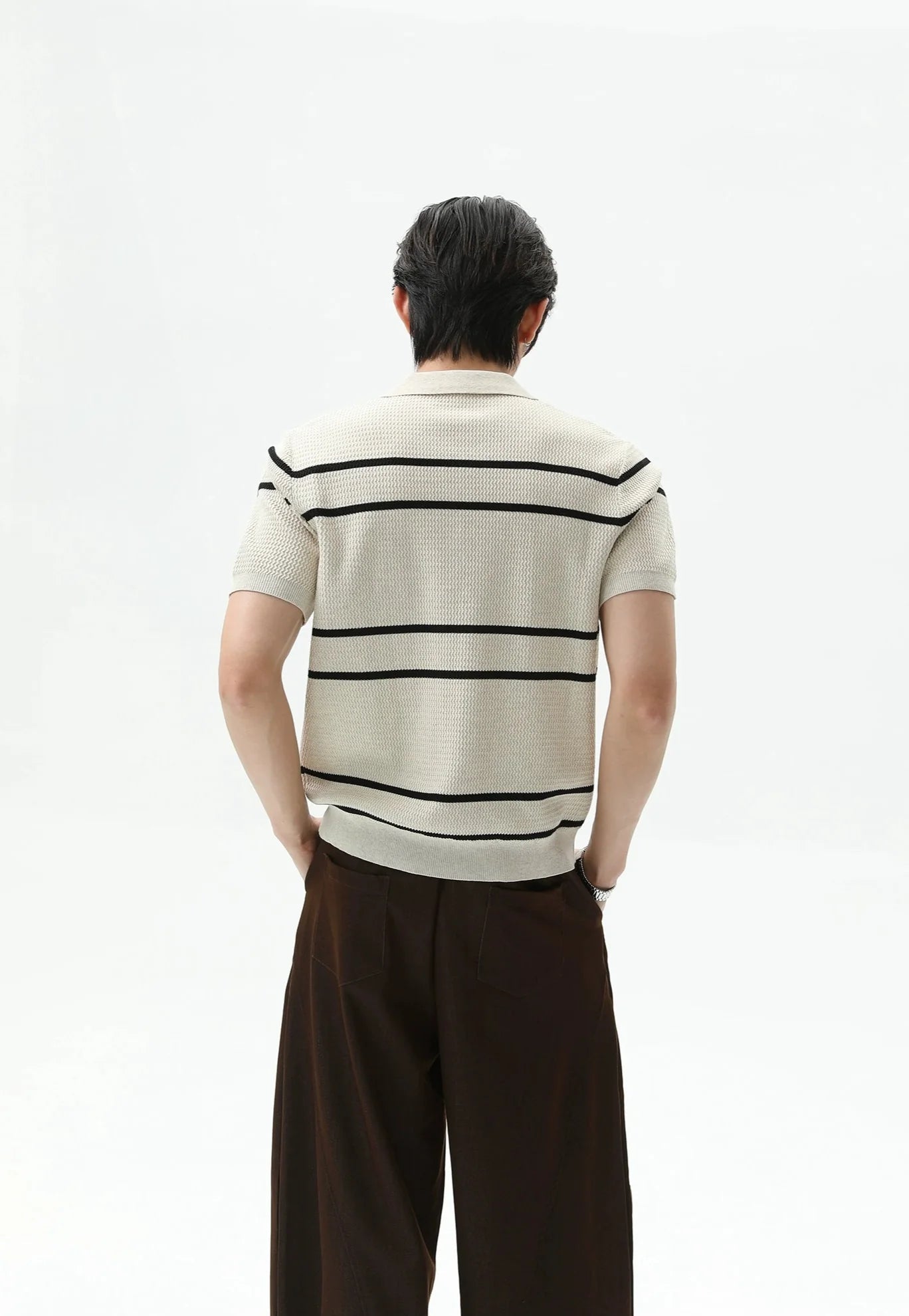 Textured Knit Polo Shirt with Horizontal Stripes