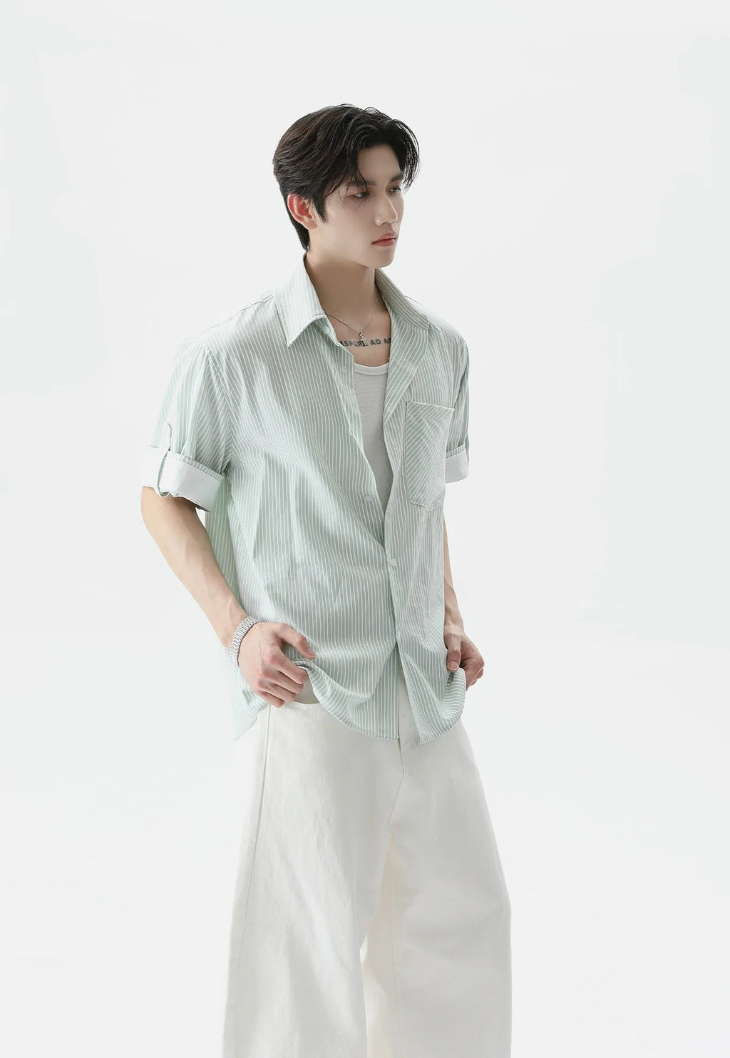 Pinstripe Contrast Short Sleeve Trim Button Shirt