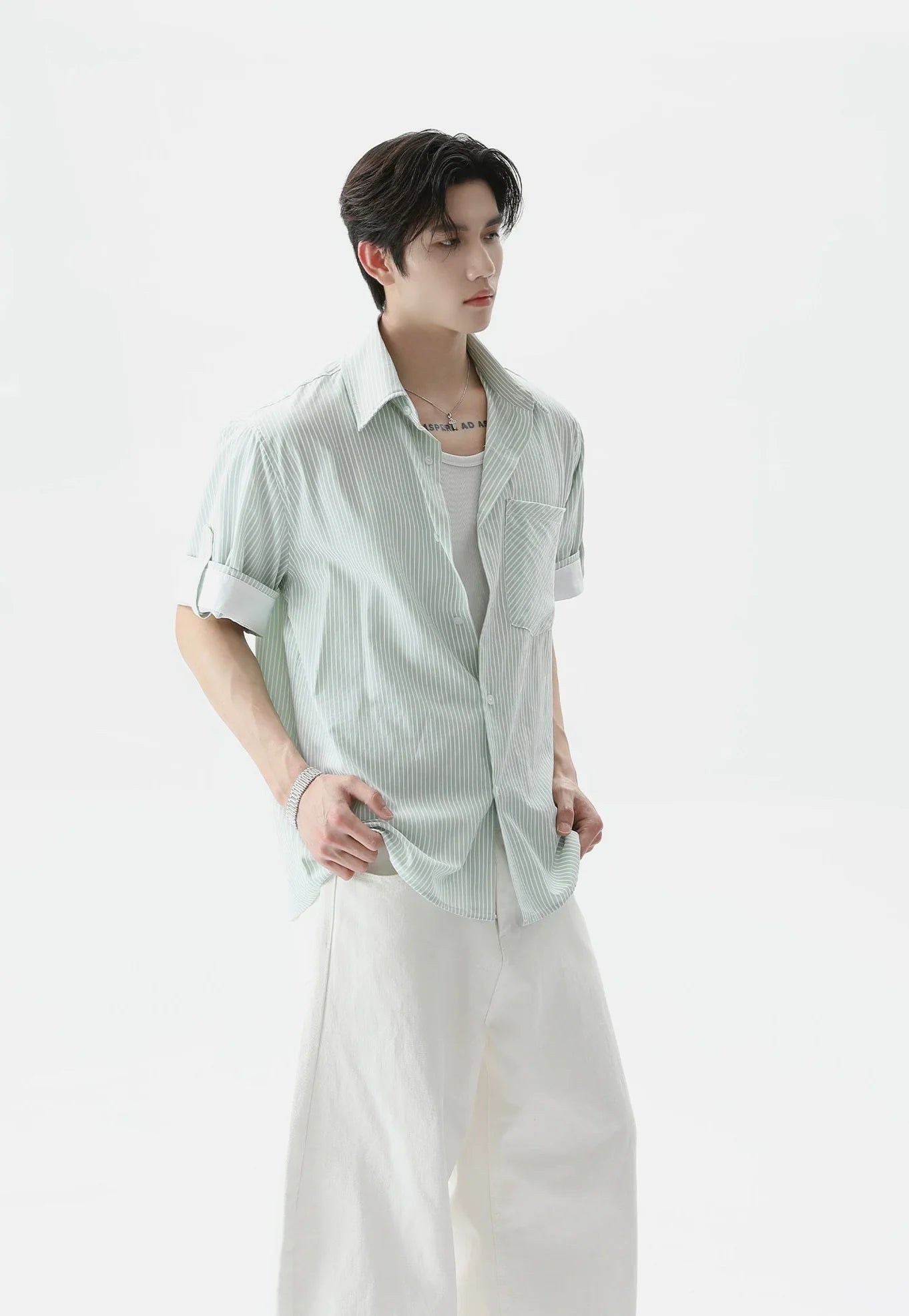 Pinstripe Contrast Short Sleeve Trim Button Shirt