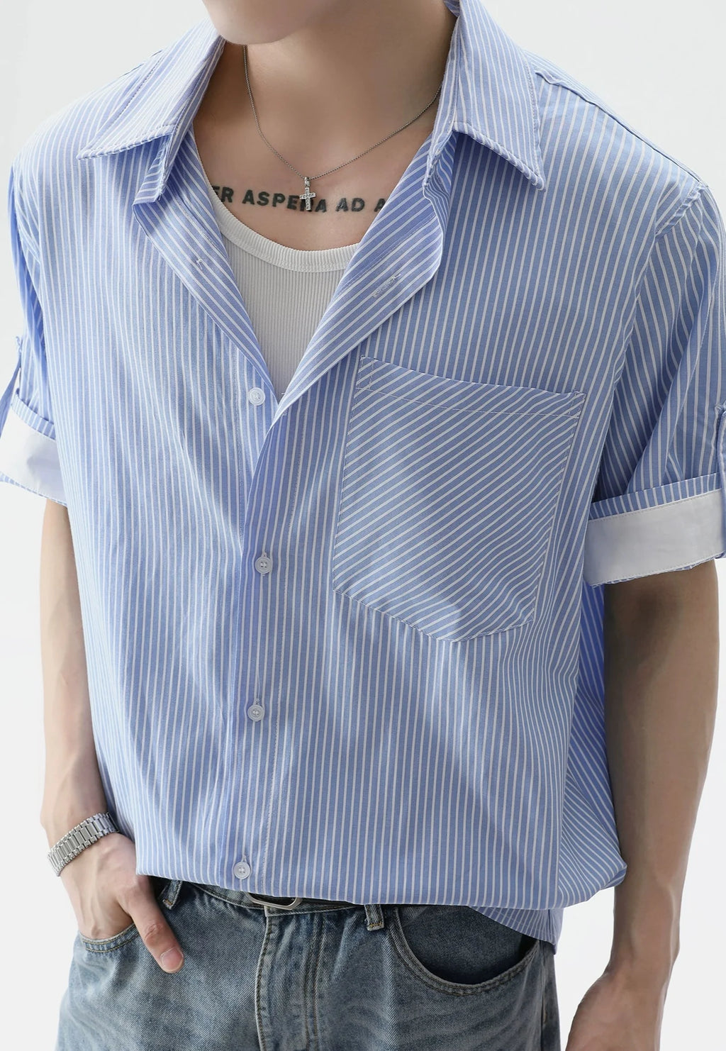 Pinstripe Contrast Short Sleeve Trim Button Shirt