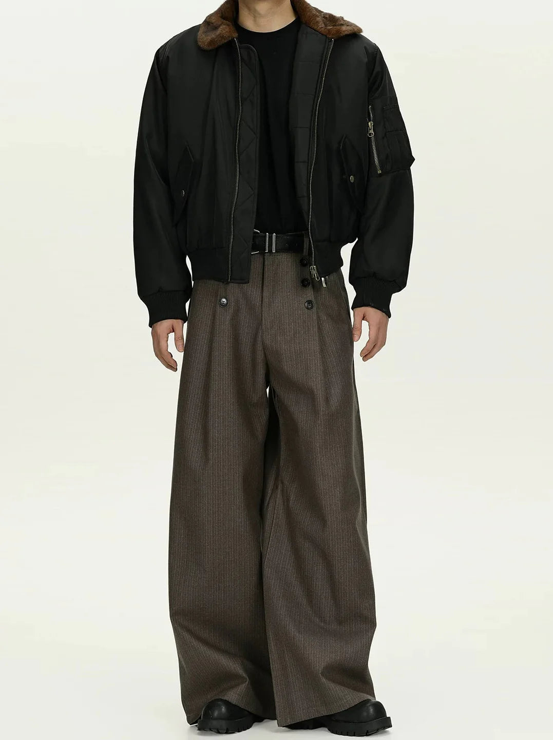 High Waist Double Button Pleated Pinstripe Pants