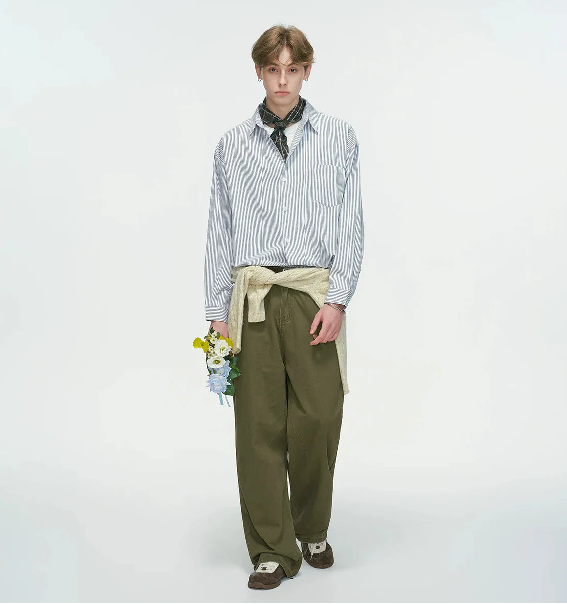 Drop Shoulder Pinstripe Long Sleeve Button-Up Shirt