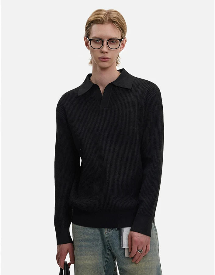Waffle Textured Long Sleeve Polo Shirt