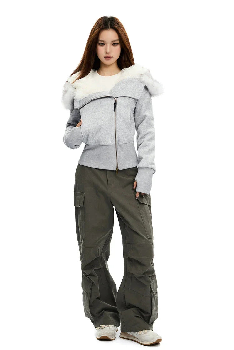 Fleece-Lined Hooded Jacket with Faux Fur Trim