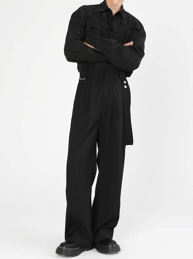 Wide Leg Pleated Pants with Strap