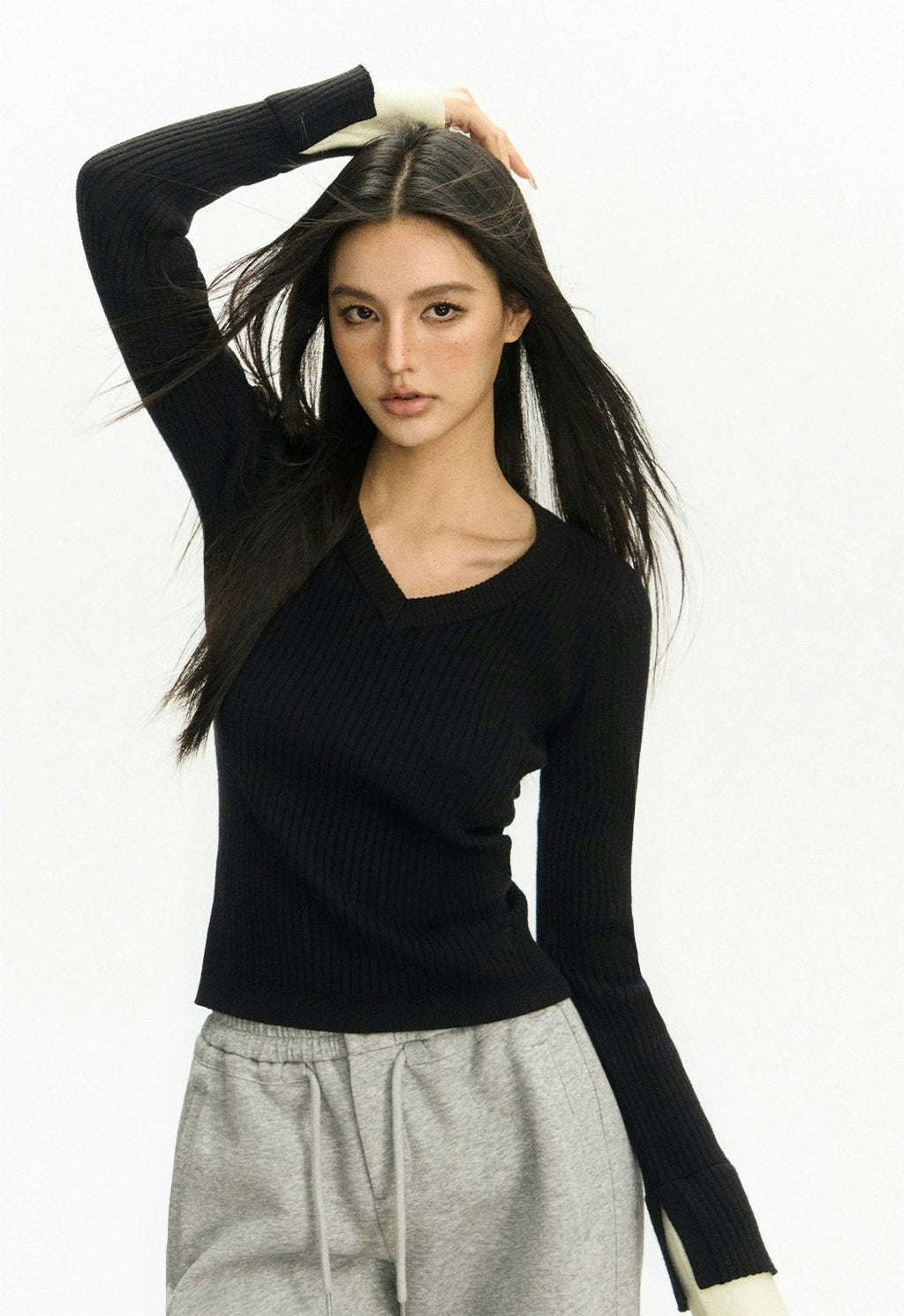 Ribbed V-Neck Two Tone Long Sleeve Knit Top