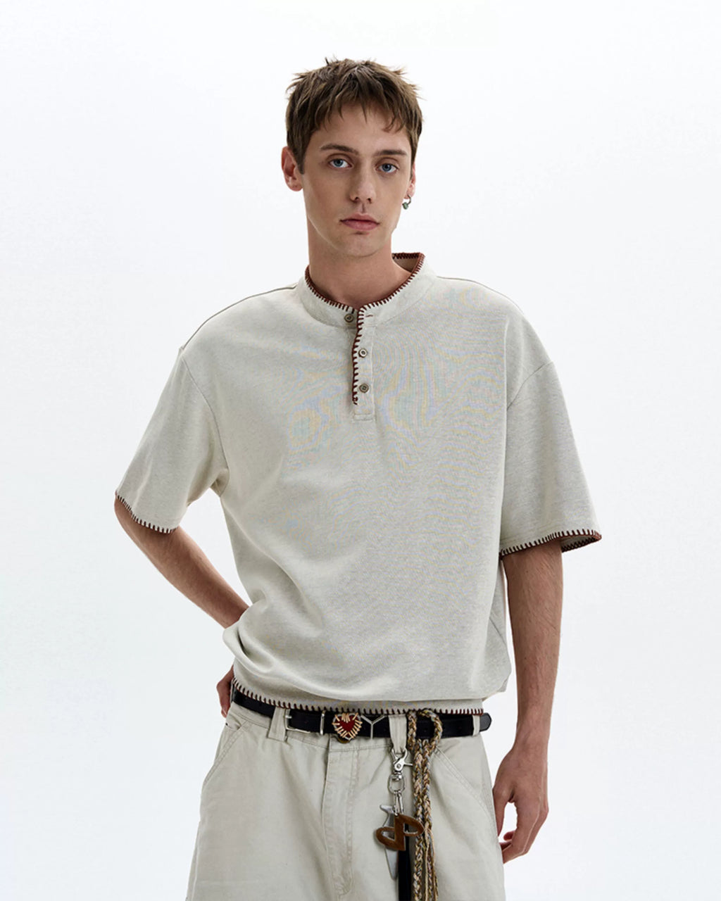 Contrast Stitch Trim Henley Neck Short Sleeve Top