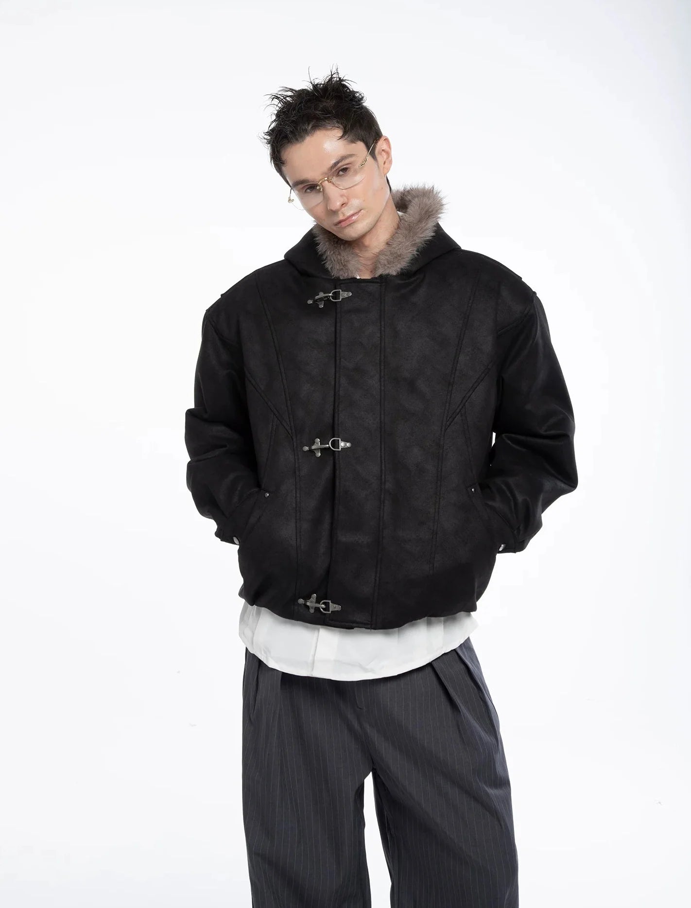 Fireman Buckle Hooded Faux Fur Trim Leather Jacket