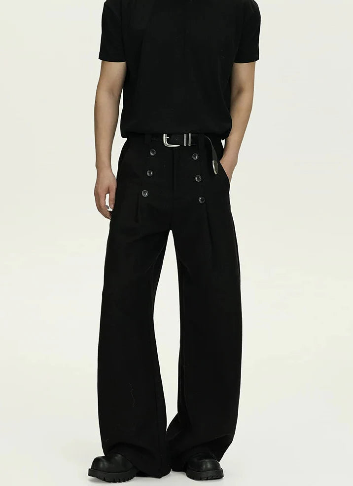 High-Waisted Pleated Wide Leg Trousers with Button Details