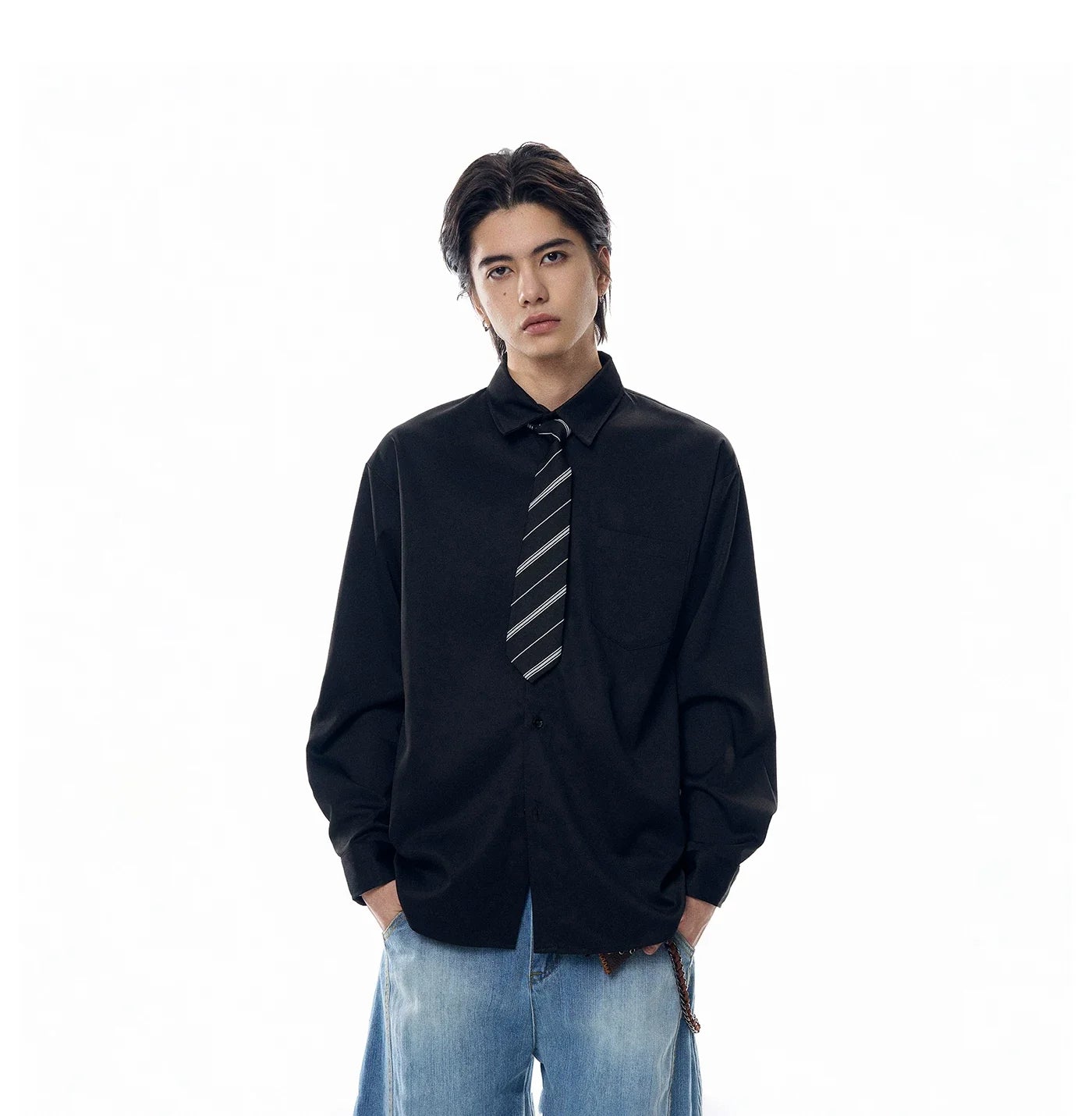 Boxy Long Sleeve Button-Up Shirt with Detachable Tie