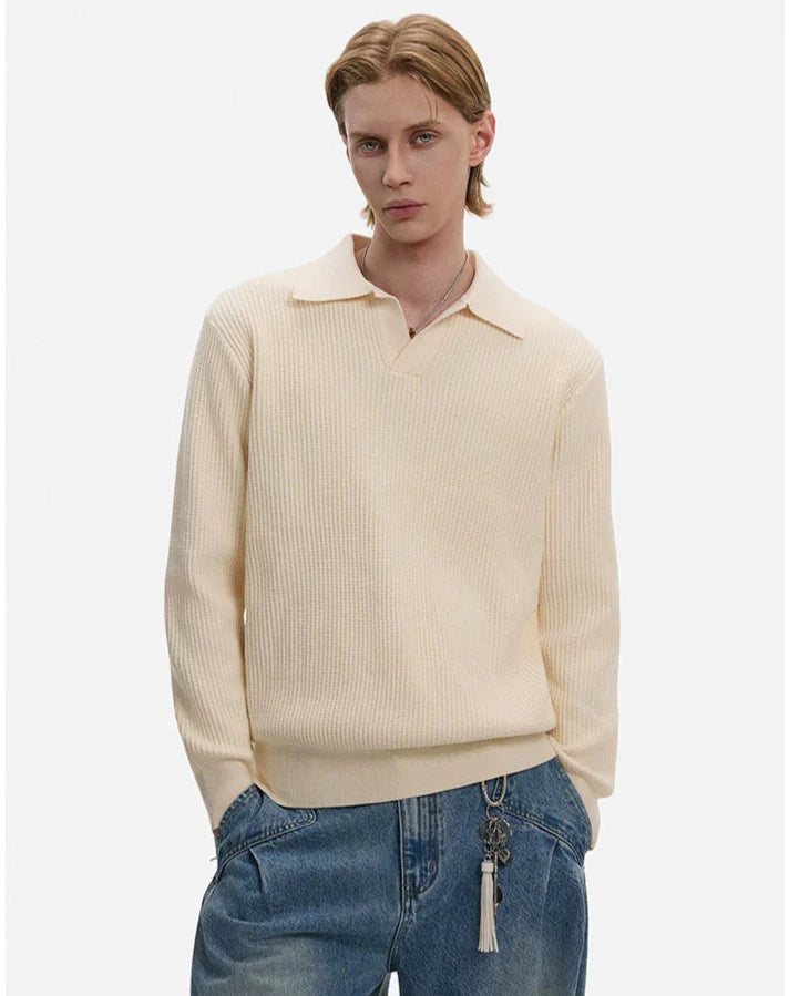 Waffle Textured Long Sleeve Polo Shirt