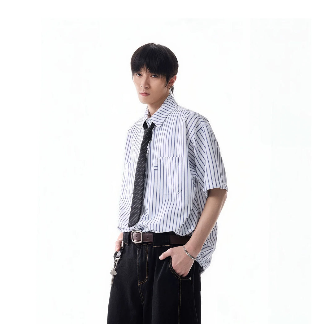 Oversized Stripe Short Sleeve Button Shirt with Chest Pockets
