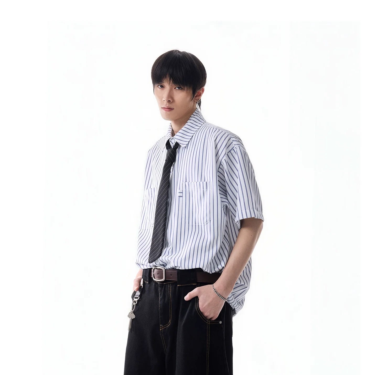 Oversized Stripe Short Sleeve Button Shirt with Chest Pockets